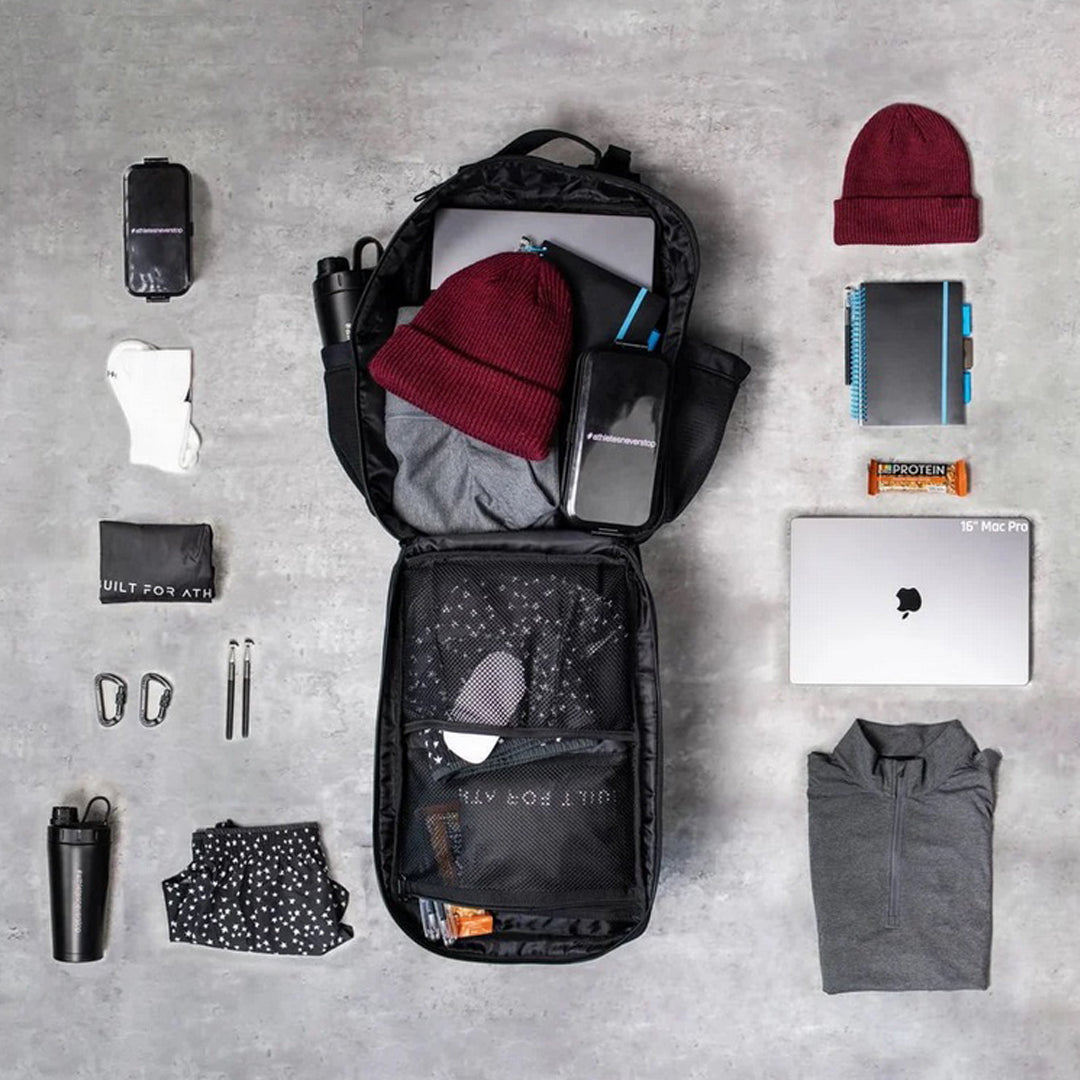 Built-for-Athletes-Hero-3.0-Backpack-black-available-at-thepace-flatlay-with accessories
