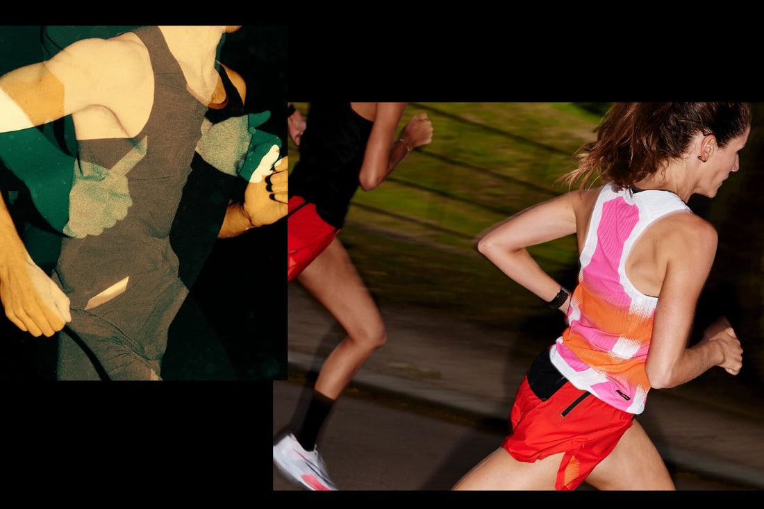 People running at night outdoors in a city in colourful shorts and tank tops