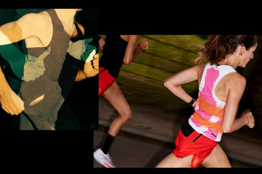 People running at night outdoors in a city in colourful shorts and tank tops