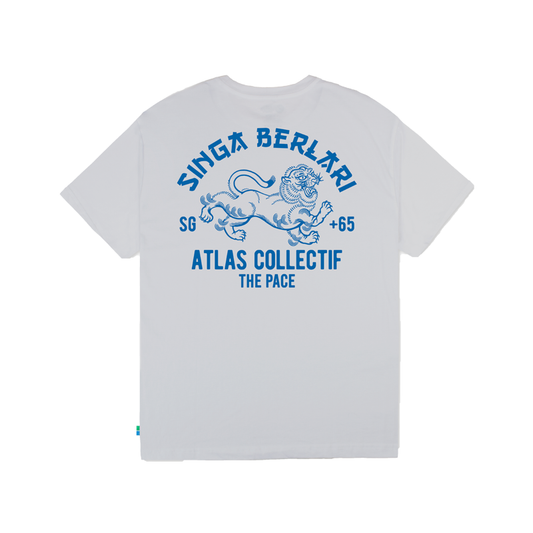 white cotton tee with a singa belari print